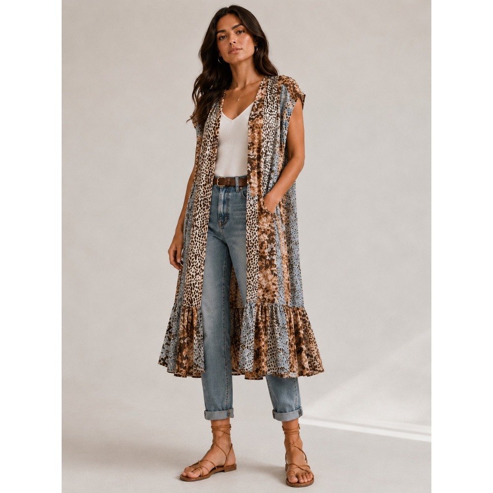 Kori Mixed Leopard Paisley Patchwork Ruffle Duster Vest Brown Blue ML B6888 - Picture 2 of 9